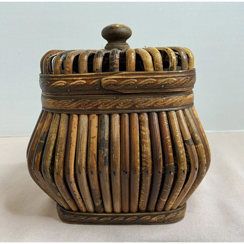 Vintage Wood Rattan Brown Tan Canister Container Intricate Design With Lid
